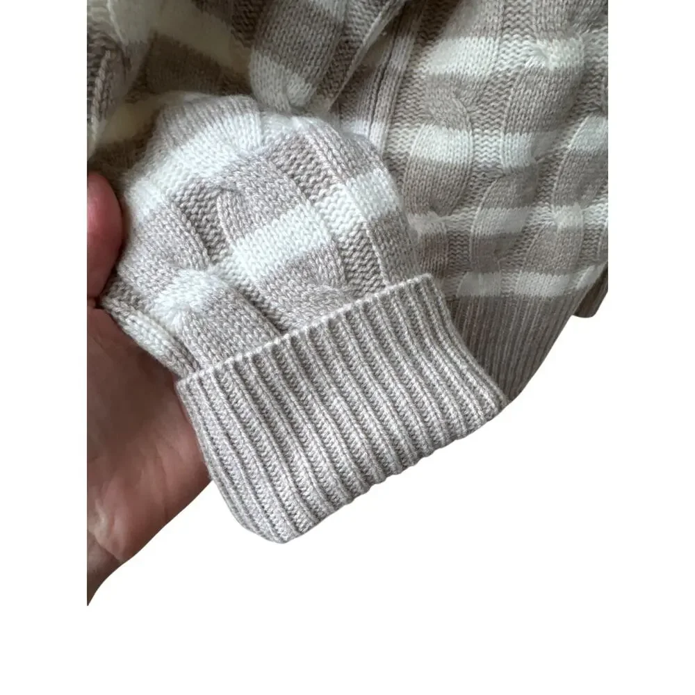 LA LIGNE Wool Cashmere Striped Cable Knit Crewneck Sweater Tan Cream Size Medium